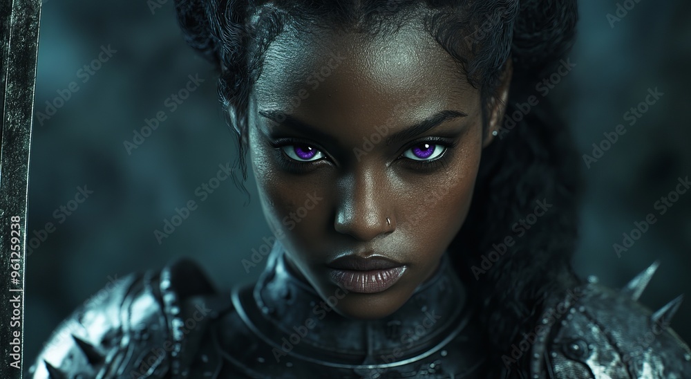 Powerful warrior with glowing purple eyes in battle-ready armor during twilight Powerful warrior with glowing purple eyes in battle-ready armor during twilight