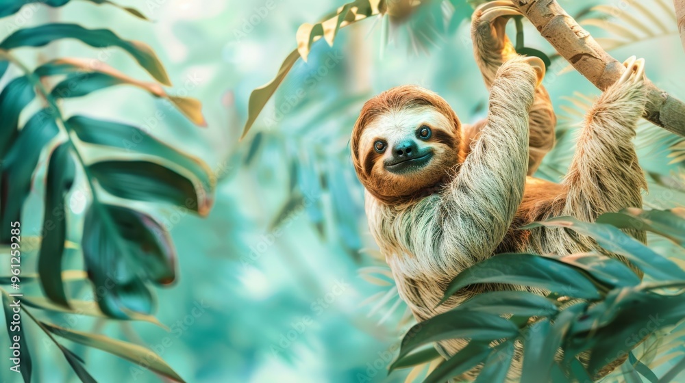 Cute Sloth Hanging on Tree Branch in Rainforest Cute Sloth Hanging on Tree Branch in Rainforest
