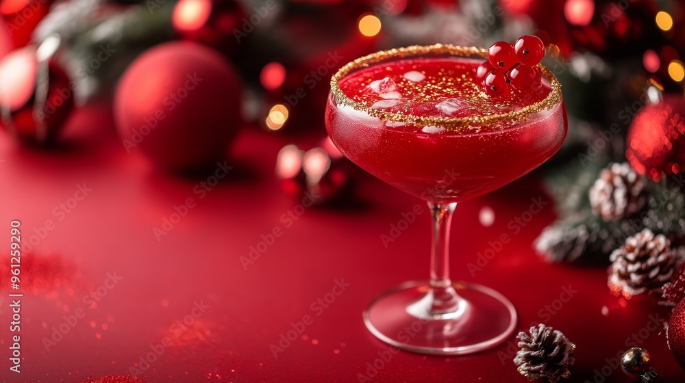 Christmas-themed cocktail with golden glitter lining the rim, traditional Christmas decorations and baubles create a cozy, celebratory atmosphere Christmas-themed cocktail with golden glitter lining the rim, traditional Christmas decorations and baubles create a cozy, celebratory atmosphere