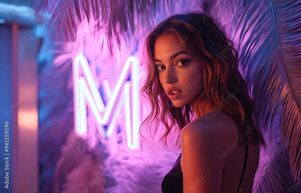 Young woman posing under neon lights in a vibrant urban setting at night Young woman posing under neon lights in a vibrant urban setting at night
