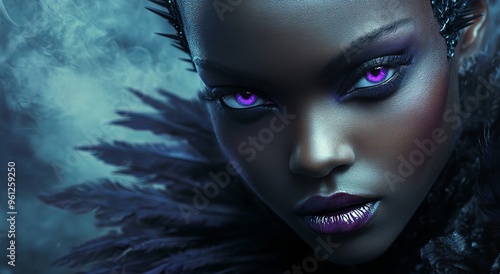 Mystical portrait of a woman with vibrant purple eyes and dark feathers