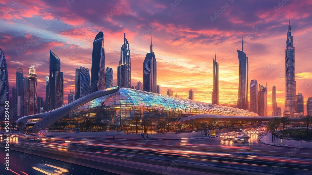 A city skyline with a large building in the middle A city skyline with a large building in the middle