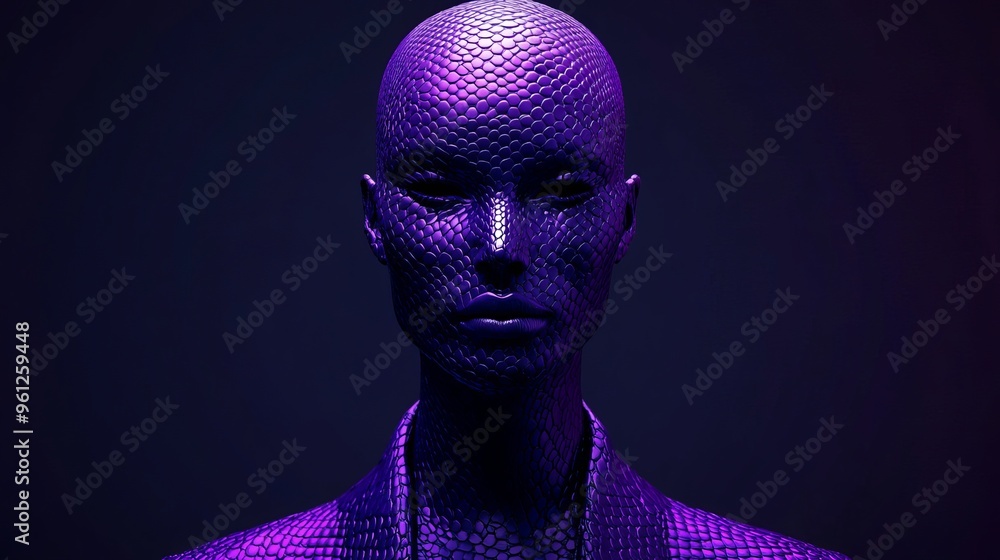 Modern artistic mannequin with reptilian texture illuminated in purple light Modern artistic mannequin with reptilian texture illuminated in purple light