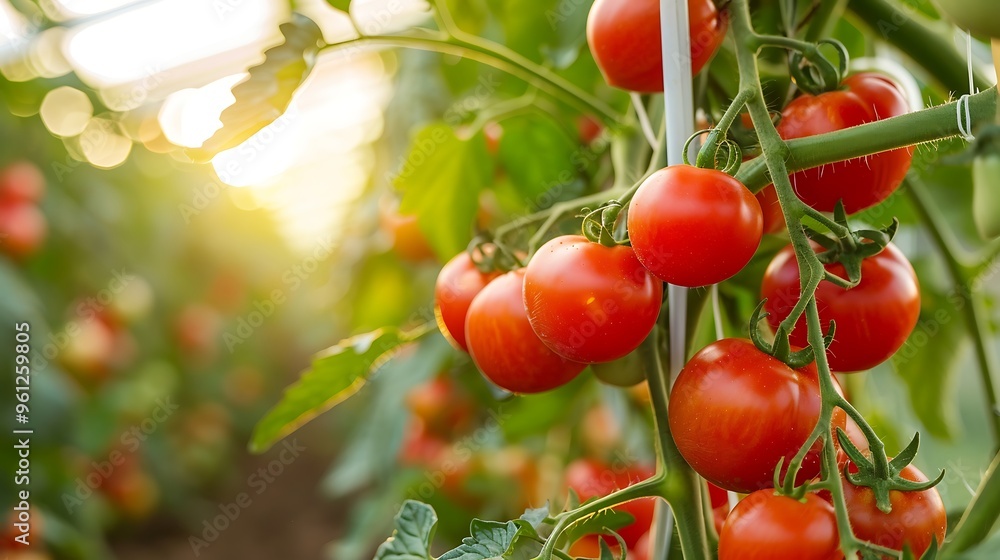 Fototapeta premium Ripe red tomatoes growing on a branch in a greenhouse