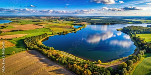 Aerial view of landscapes with strip of land between sky and lake