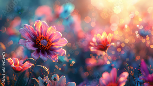 Magical flower field animation,pastel colors,animation,one flower on the foreground left, rainbow landscape on the background