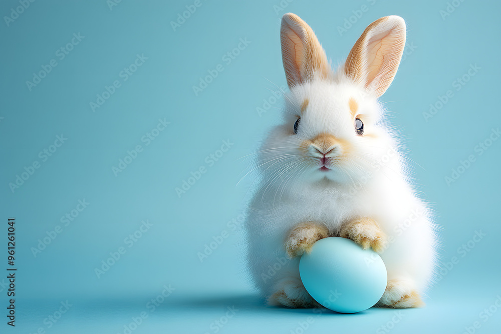 fluffy white rabbit perched on a speckled Easter egg against a soft blue background. fluffy white rabbit perched on a speckled Easter egg against a soft blue background.
