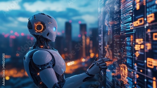 A man stands in front of a computer monitor that displays a cityscape