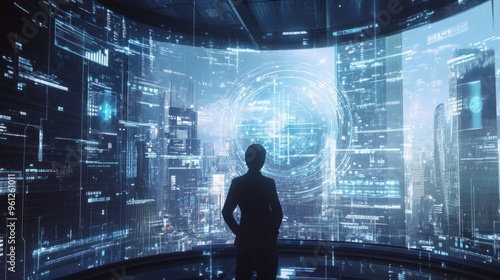 A man stands in front of a computer monitor that displays a cityscape