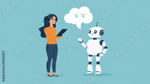 A woman is talking to a robot
