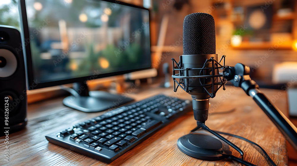 A microphone and computer setup on a wooden desk for recording. A microphone and computer setup on a wooden desk for recording.