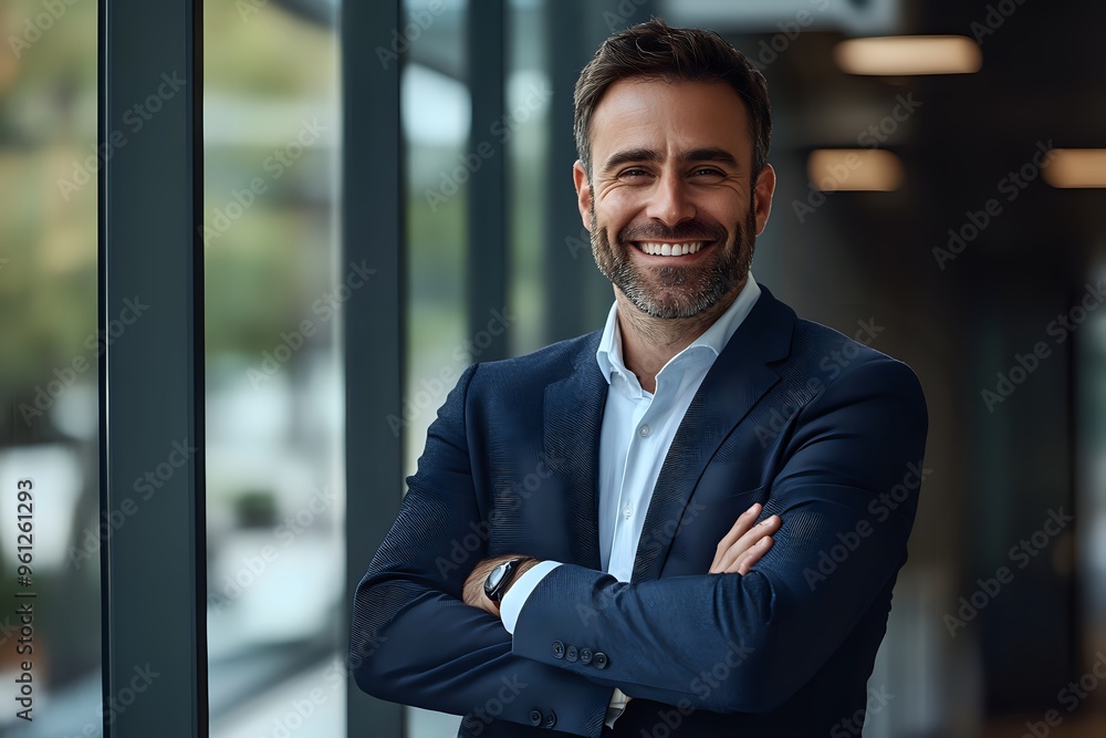Naklejka premium Confident Businessman Smiles with Arms Crossed in Office