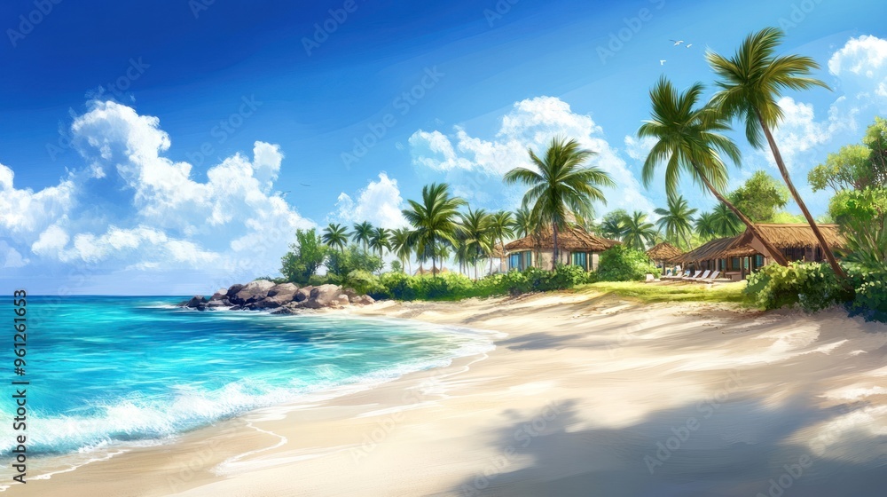 A beautiful beach scene with palm trees and a blue ocean A beautiful beach scene with palm trees and a blue ocean