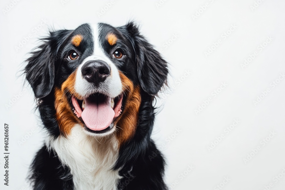 Happy Bernese mountain dog sitting on a white background and looking at the camera with its tongue out, ai Happy Bernese mountain dog sitting on a white background and looking at the camera with its tongue out, ai