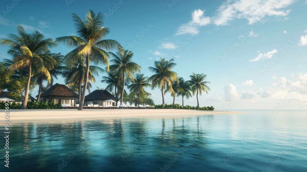 A beautiful beach scene with palm trees and a blue ocean A beautiful beach scene with palm trees and a blue ocean