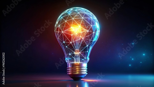 Holographic glowing low polygonal light bulb on dark background, perfect for technology or innovation concepts