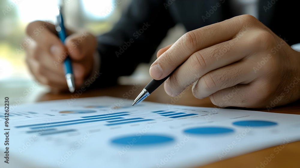 A person analyzing graphs and charts on a document. A person analyzing graphs and charts on a document.