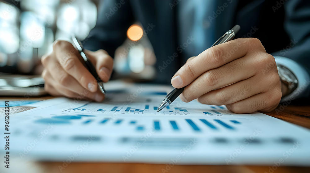 A person analyzing graphs and data on a document. A person analyzing graphs and data on a document.