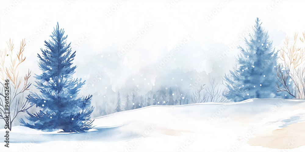 Fototapeta premium Beautiful New Year illustration drawn in watercolors. fabulous winter forest. Concept New Year advertising banner for New Year 2025
