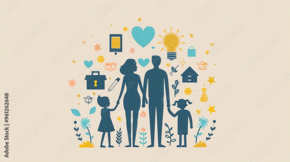 Illustration of a happy family with two adults and two children surrounded by symbols of love, care, and home. Illustration of a happy family with two adults and two children surrounded by symbols of love, care, and home.