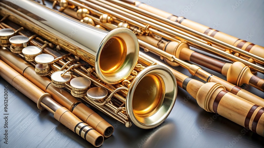 Naklejka premium Aerial view of plastic and metal mouthpiece with bamboo canes for saxophone