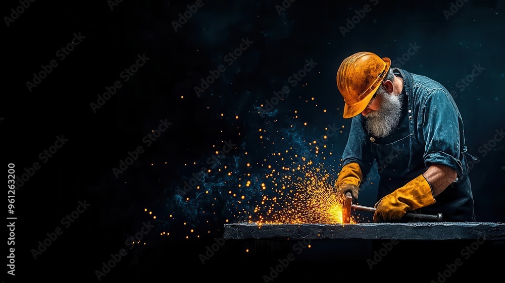 Old-world artisan blacksmith hammering molten metal, sparks flying, dark rustic workshop, dramatic lighting, steampunk, realistic Old-world artisan blacksmith hammering molten metal, sparks flying, dark rustic workshop, dramatic lighting, steampunk, realistic