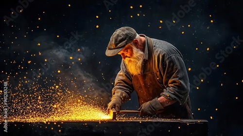 Old-world artisan blacksmith hammering molten metal, sparks flying, dark rustic workshop, dramatic lighting, steampunk, realistic
