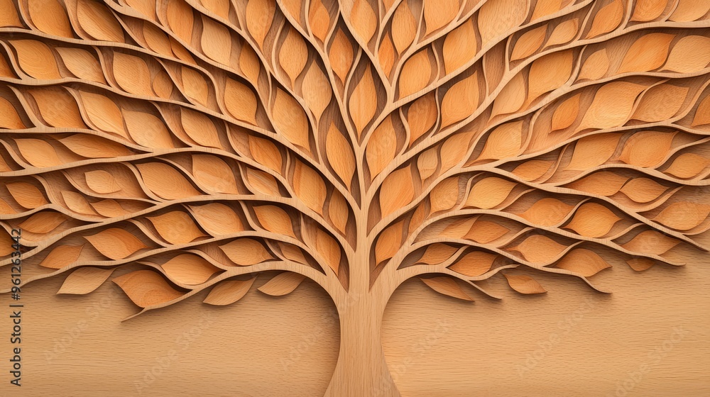 Intricate wooden tree design with delicate leaves, showcasing craftsmanship and natural beauty in a minimalist style. Intricate wooden tree design with delicate leaves, showcasing craftsmanship and natural beauty in a minimalist style.