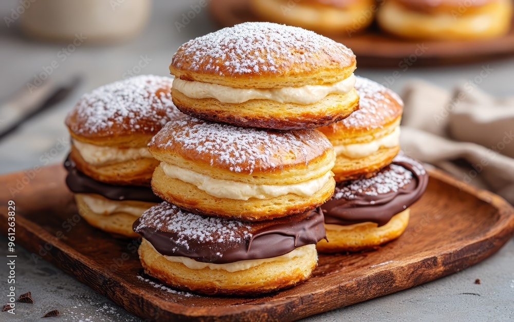 Delicious cream-filled pastries stacked on a wooden plate, topped with powdered sugar and chocolate, perfect for dessert lovers. Delicious cream-filled pastries stacked on a wooden plate, topped with powdered sugar and chocolate, perfect for dessert lovers.