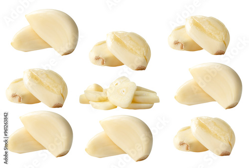 Side view set of fresh peeled white gailic cloves with slices in stack isolated on white background with clipping path