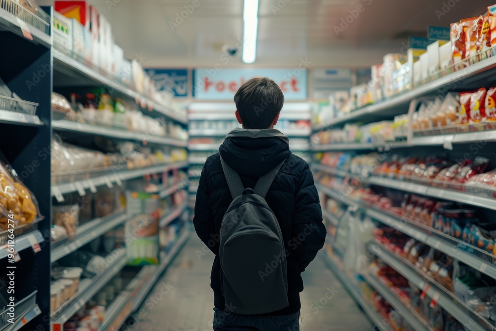 Shopper walking through grocery store aisles with fully stocked shelves Shopper walking through grocery store aisles with fully stocked shelves