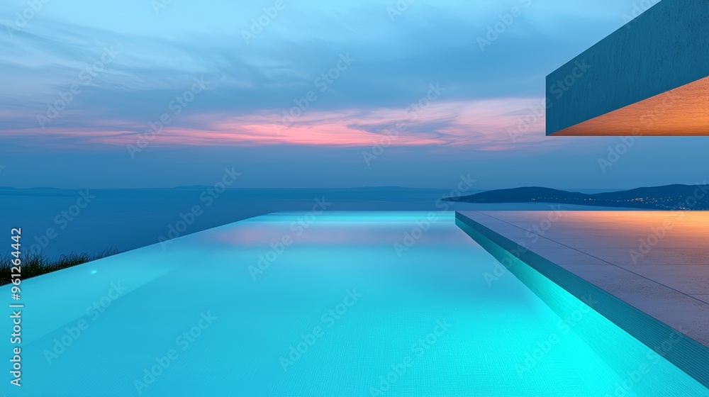 Modern infinity pool with stunning sunset view over tranquil sea and sky, reflecting peaceful ambiance and luxury lifestyle. Modern infinity pool with stunning sunset view over tranquil sea and sky, reflecting peaceful ambiance and luxury lifestyle.