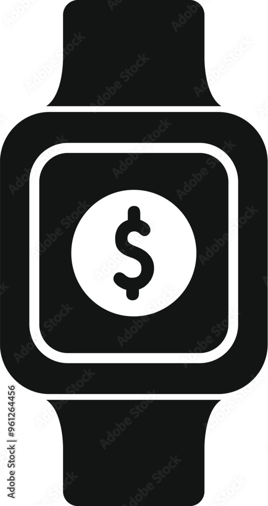 Black silhouette icon of a smartwatch displaying a dollar sign, representing mobile payment and finance technology Black silhouette icon of a smartwatch displaying a dollar sign, representing mobile payment and finance technology