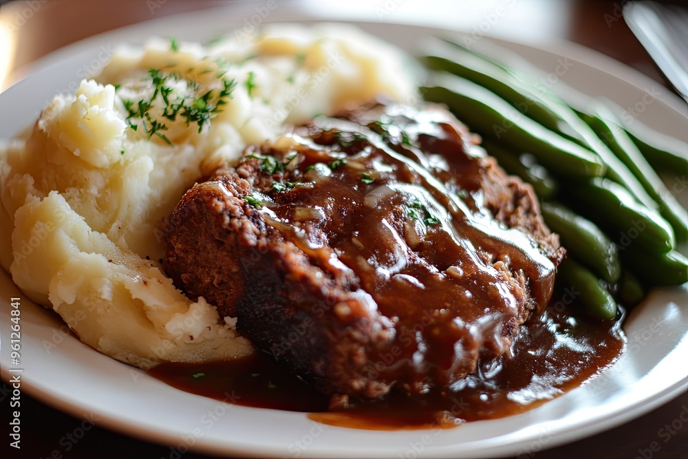 A classic meatloaf dinner with mashed potatoes, green beans, and gravy, served on a white plate A classic meatloaf dinner with mashed potatoes, green beans, and gravy, served on a white plate