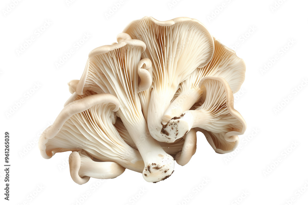 Fototapeta premium Closeup of Oyster mushroom showing its textured cap and stem isolated on a white background. Concept of fungi and nature