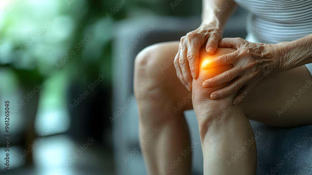 A person experiencing knee pain while sitting on a couch. A person experiencing knee pain while sitting on a couch.