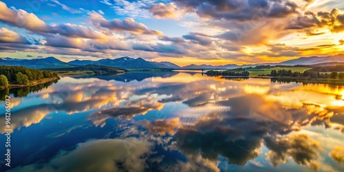 Wallpaper Mural Aerial view of serene lake with sunset reflections of clouds and mountains on water Torontodigital.ca