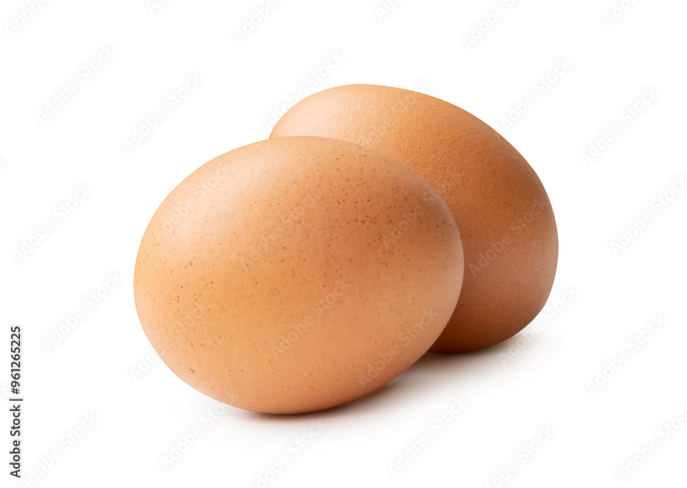 Side view of two fresh brown chicken eggs in stack isolated on white background with clipping path Side view of two fresh brown chicken eggs in stack isolated on white background with clipping path