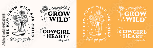 Cowgirl yellow coastal aesthetic quotes let's go girls yee haw grow wild sun child sticker pack bundle. Floral boots printable letterings retro boho groovy country girl shirt design cut file.