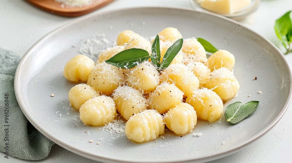 A plate of homemade gnocchi with a sage and butter sauce, topped with freshly grated Parmesan A plate of homemade gnocchi with a sage and butter sauce, topped with freshly grated Parmesan
