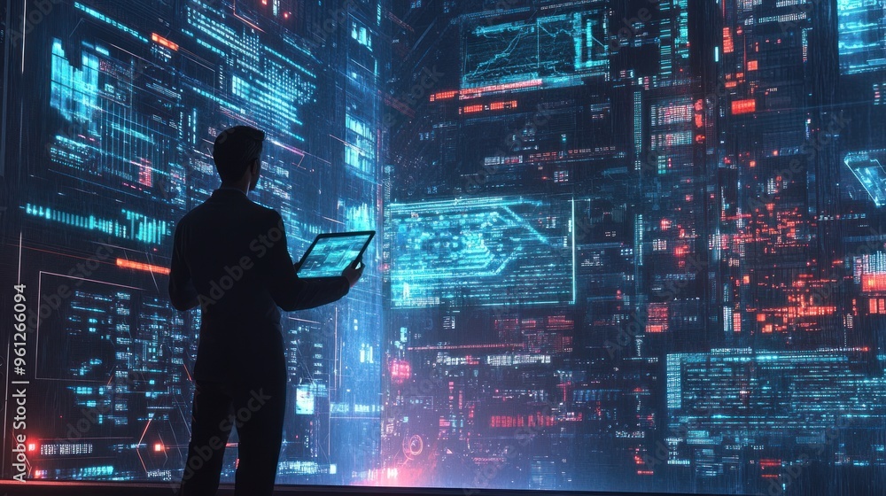A man is looking at a computer screen with a tablet in his hand A man is looking at a computer screen with a tablet in his hand