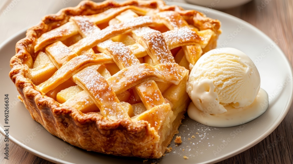 A warm apple pie with a lattice crust, freshly baked, and served with a scoop of vanilla ice cream A warm apple pie with a lattice crust, freshly baked, and served with a scoop of vanilla ice cream