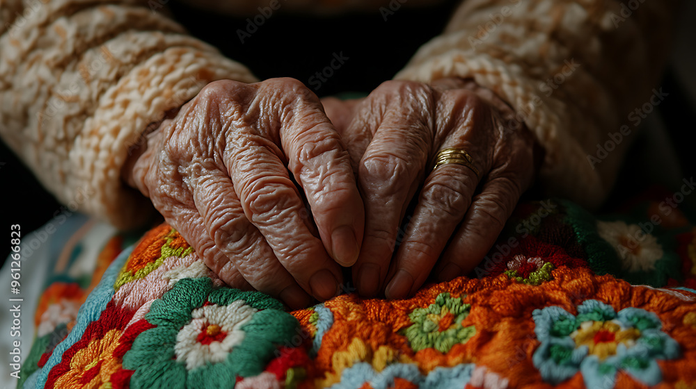 Elderly hands rest on a colorful knitted blanket, showcasing detail and texture, evoking warmth and nostalgia. Elderly hands rest on a colorful knitted blanket, showcasing detail and texture, evoking warmth and nostalgia.