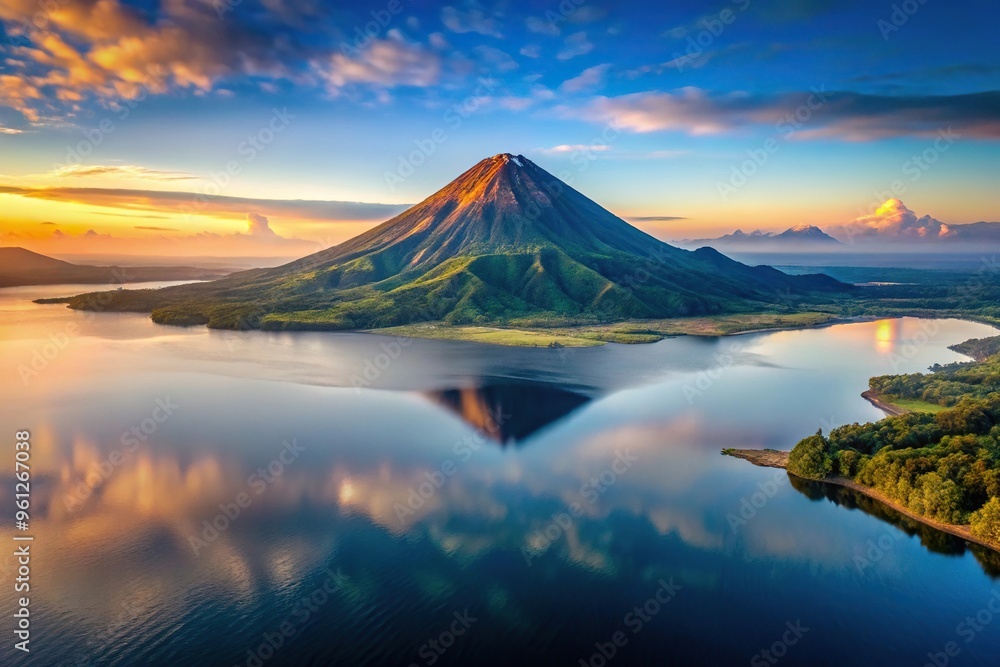 Fototapeta premium Aerial view of volcanic mountain in morning light reflected in calm lake waters, long exposure