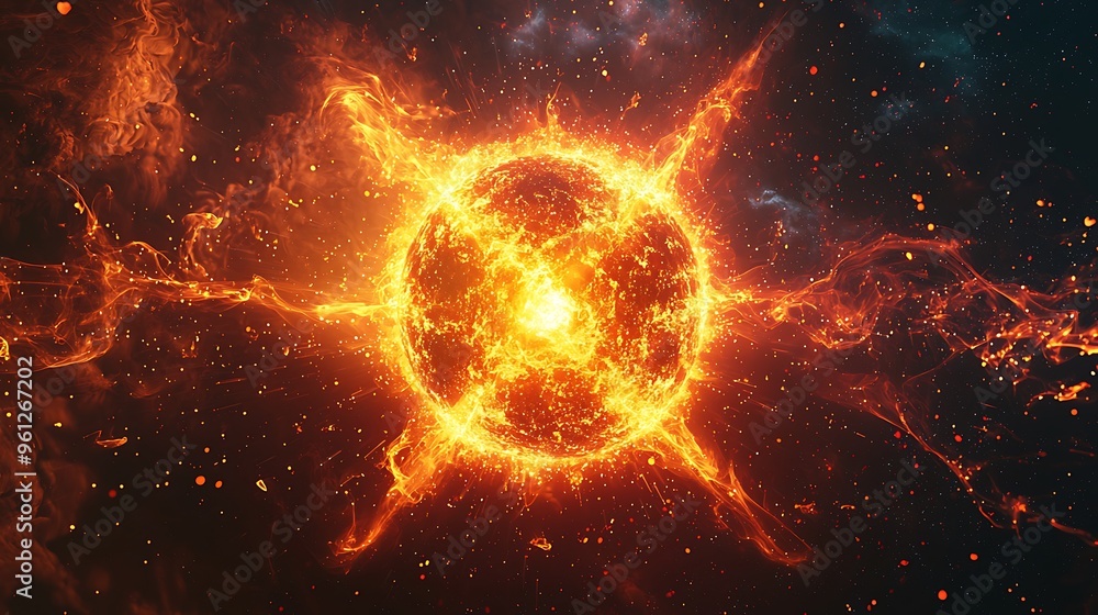 A burning sphere surrounded by sparks in a fiery abstract scene, alive with explosive energy. A burning sphere surrounded by sparks in a fiery abstract scene, alive with explosive energy.