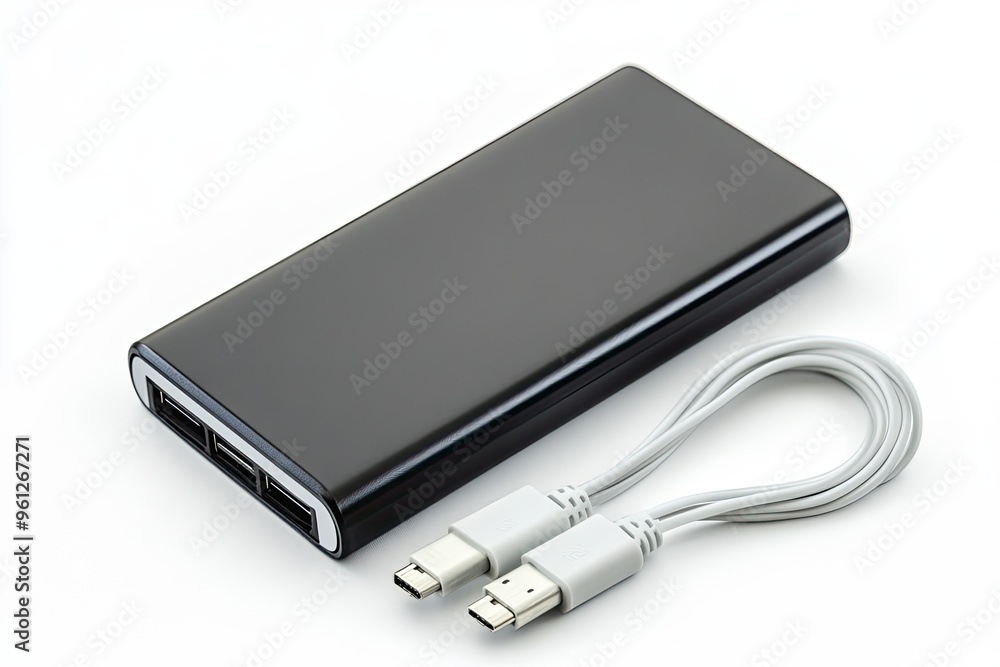 Black power bank with cables. Ideal for charging electronic devices on-the-go. Black power bank with cables. Ideal for charging electronic devices on-the-go.