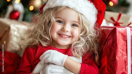 A little girl in a Santa hat (fictional person) photo