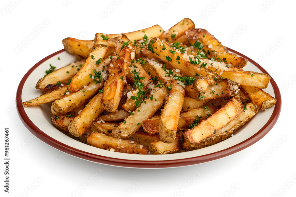 Garlic Parmesean French Fries on white plate, Isolated on White Background Garlic Parmesean French Fries on white plate, Isolated on White Background