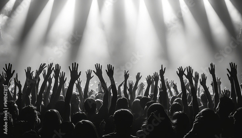 Large group of people at a concert party cheering, back view,silhouette