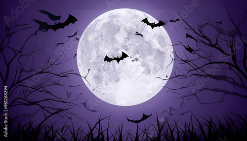 A large, full moon dominates a purple sky, casting an eerie glow over a landscape of bare trees and tall grass. Bats fly across the moon's face, adding to the spooky atmosphere.